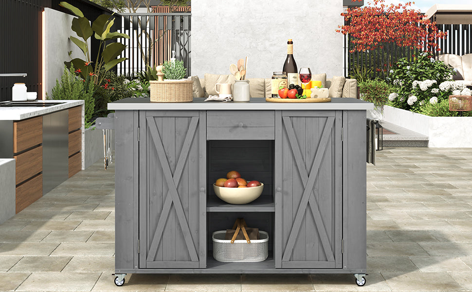 Fir Wood Outdoor Kitchen Island with Stainless Steel Top – Storage, Towel & Spice Racks, Bottle Opener, Grey