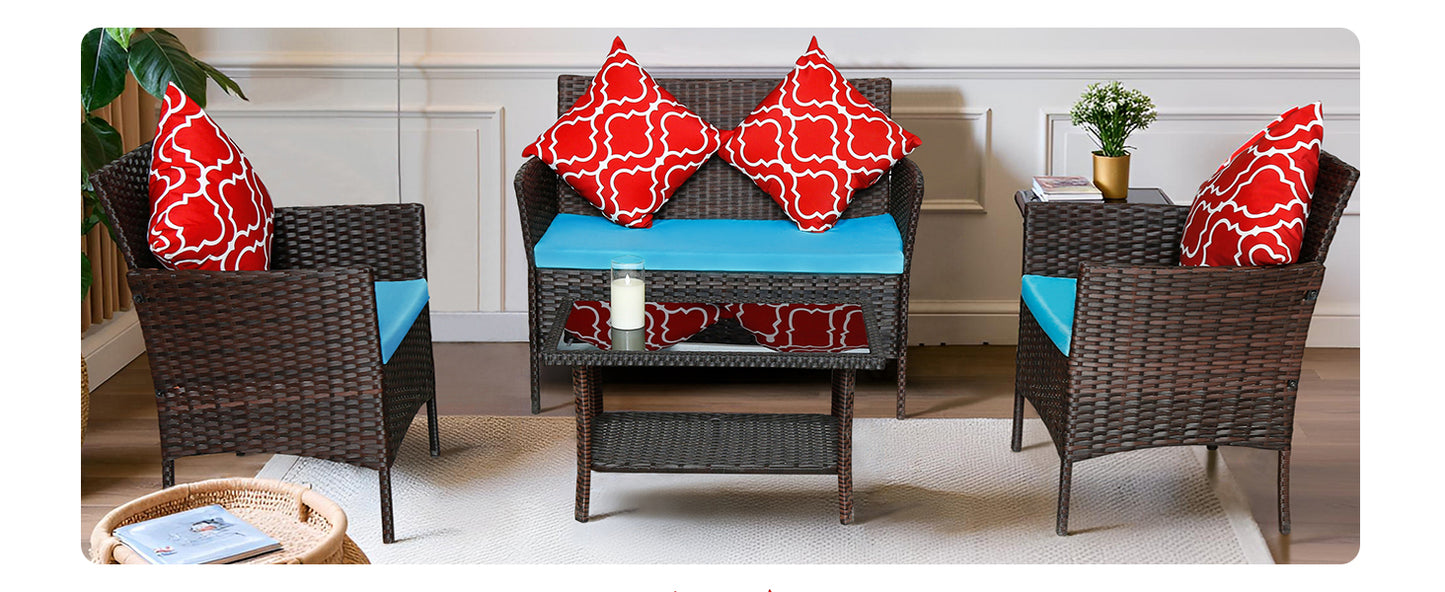 4-Piece PE Rattan Outdoor Sofa Set with Coffee Table – Sapphire Blue Cushions, Patio/Backyard Furniture HY4-001