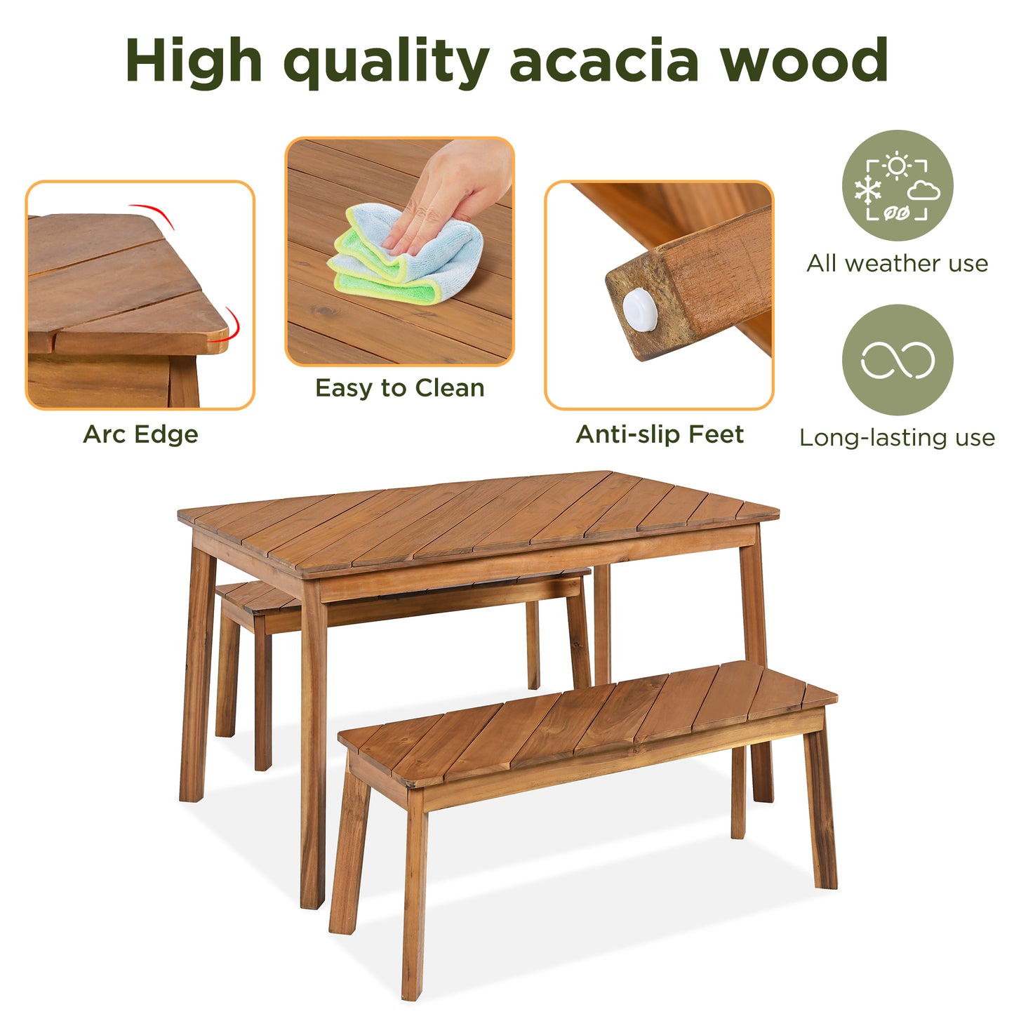 3-Piece Acacia Wood Table & Bench Dining Set – Outdoor & Indoor Picnic/Patio/Poolside Furniture, Natural