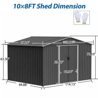 10 ft. W x 8 ft. D Outdoor Metal Storage Shed with Foundation and Lockable Doors for Patio, Backyard, Gray (73.8 sq.ft.)