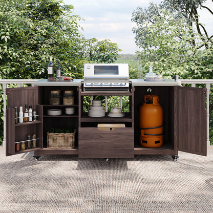 66.5" Outdoor Kitchen Island for Big Green Egg & Kamado Joe Grills – Solid Wood Cart with Stainless Steel Top, Drawer, and Tabletop Storage, Dark Brown