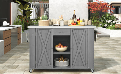 Fir Wood Outdoor Kitchen Island with Stainless Steel Top – Storage, Towel & Spice Racks, Bottle Opener, Grey