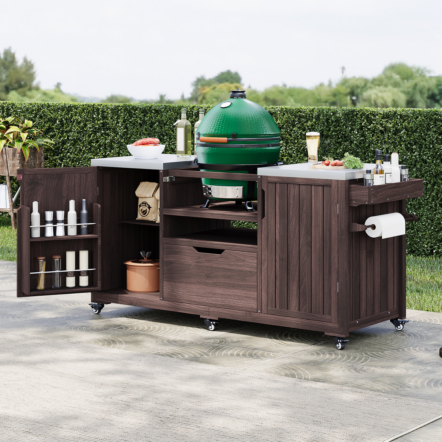 66.5" Outdoor Kitchen Island for Big Green Egg & Kamado Joe Grills – Solid Wood Cart with Stainless Steel Top, Drawer, and Tabletop Storage, Dark Brown