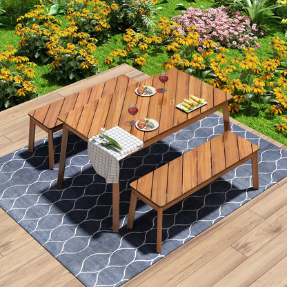 3-Piece Acacia Wood Table & Bench Dining Set – Outdoor & Indoor Picnic/Patio/Poolside Furniture, Natural
