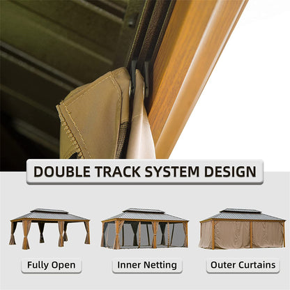 12 ft. x 20 ft. Yellow Outdoor Aluminum Gazebo with Galvanized Steel Double Canopy and Curtains and Netting for Backyard