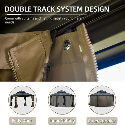 12 ft. x 12 ft. Black Outdoor Aluminum Gazebo with Galvanized Steel Double Canopy Curtains and Netting for Deck Backyard