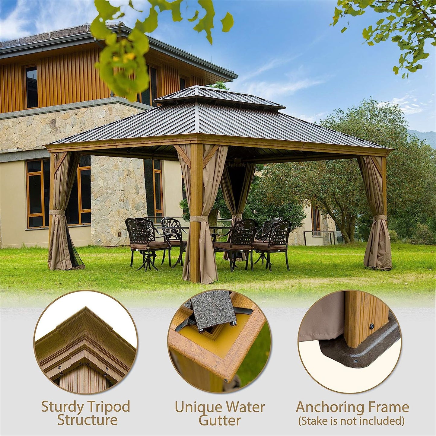 12 ft. x 14 ft. Yellow Outdoor Aluminum Gazebo with Galvanized Steel Double Canopy and Curtains and Netting for Backyard