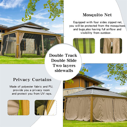 12 ft. x 14 ft. Yellow Outdoor Aluminum Gazebo with Galvanized Steel Double Canopy and Curtains and Netting for Backyard