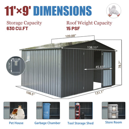 11 ft. W x 9 ft. D Outdoor Metal Shed Tool Storage Room with Steel Frame, Windows, Lockable Door, Dark Gray (99 sq.ft.)