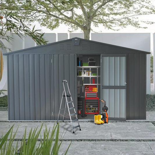 11 ft. W x 9 ft. D Outdoor Metal Shed Tool Storage Room with Steel Frame, Windows, Lockable Door, Dark Gray (99 sq.ft.)