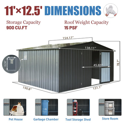11 ft. W x 12.5 ft. D Outdoor Metal Shed Tool Storage Room with Windows, Lockable Door, Dark Gray (137.5 sq.ft.)