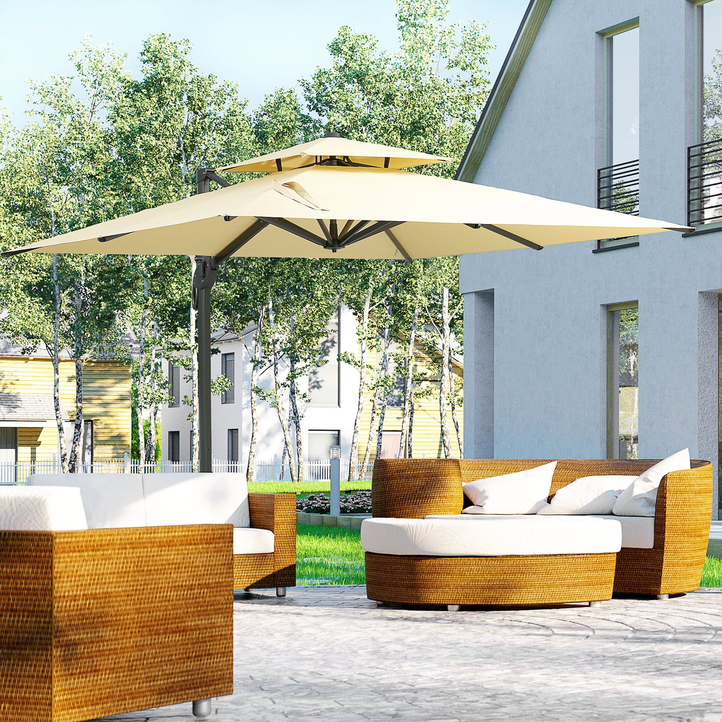 10 ft. x 10 ft. Cantilever Patio Umbrella, Heavy-Duty Double Top Offset Umbrella with 360° Rotation in Beige