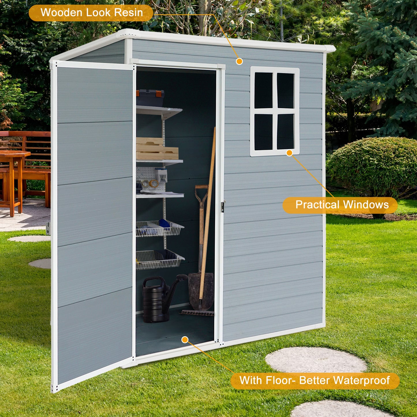 5 ft. W x 3 ft. D Outdoor Plastic Resin Shed Tool Storage Room with Window and Single Door for Garden, Grey (15 sq. ft.)