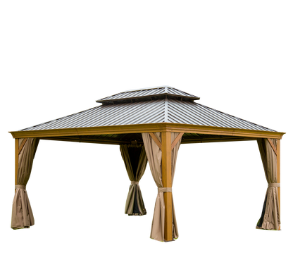 12 ft. x 16 ft. Yellow Outdoor Aluminum Gazebo with Galvanized Steel Double Canopy and Curtains and Netting for Backyard
