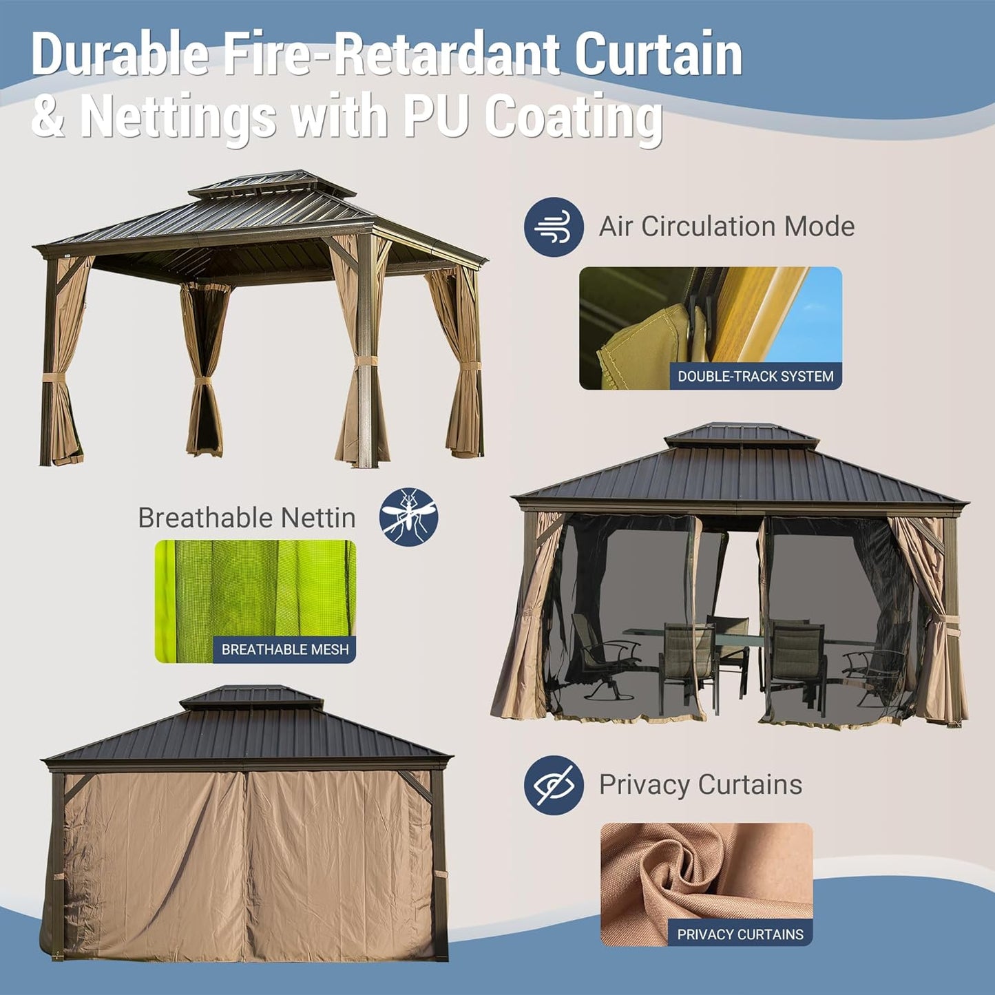 10 ft. x 12 ft. Brown Outdoor Aluminum Gazebo with Galvanized Steel Double Canopy Curtains and Netting for Deck Backyard