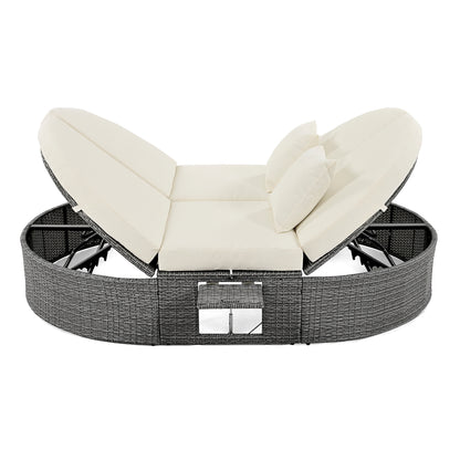 Outdoor Patio 2-Person Daybed, Reclining Chaise Lounge with Adjustable Backrests and Foldable Cup Trays