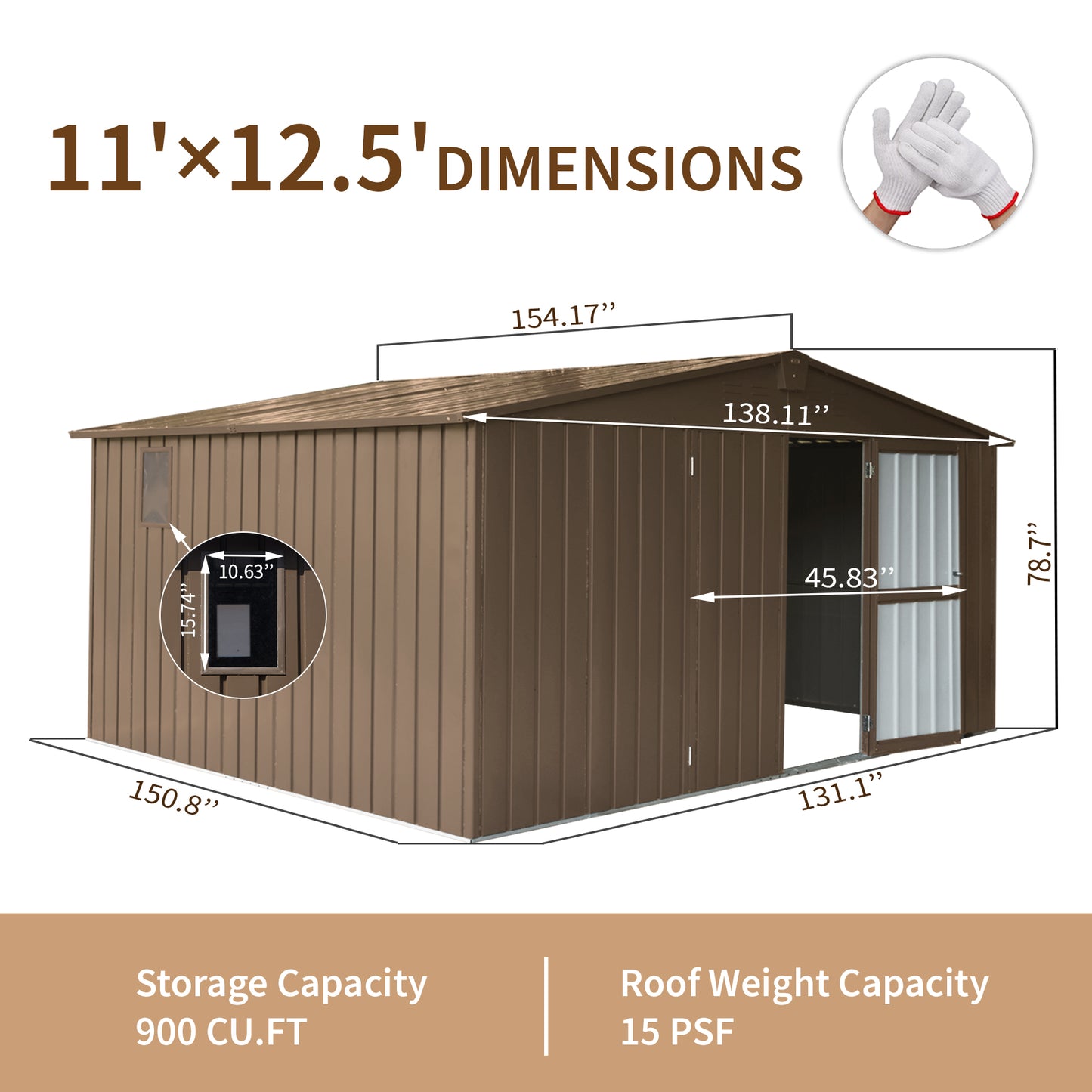 11 ft. W x 12.5 ft. D Outdoor Metal Shed Tool Storage with Galvanized Steel Frame, Windows, Brown (137.5 sq.ft.)
