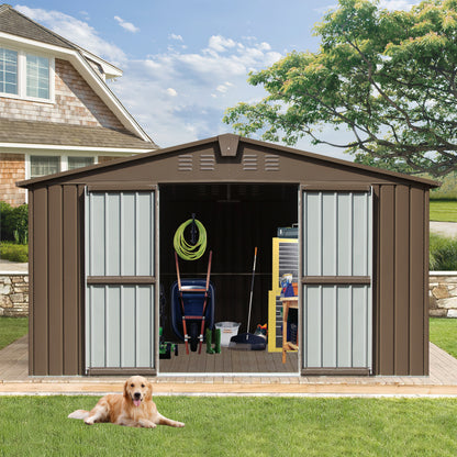 11 ft. W x 12.5 ft. D Outdoor Metal Shed Tool Storage with Galvanized Steel Frame, Windows, Brown (137.5 sq.ft.)