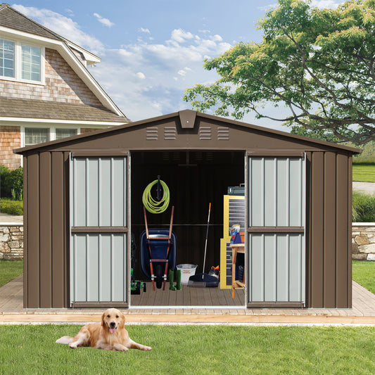 11 ft. W x 12.5 ft. D Outdoor Metal Shed Tool Storage with Galvanized Steel Frame, Windows, Brown (137.5 sq.ft.)