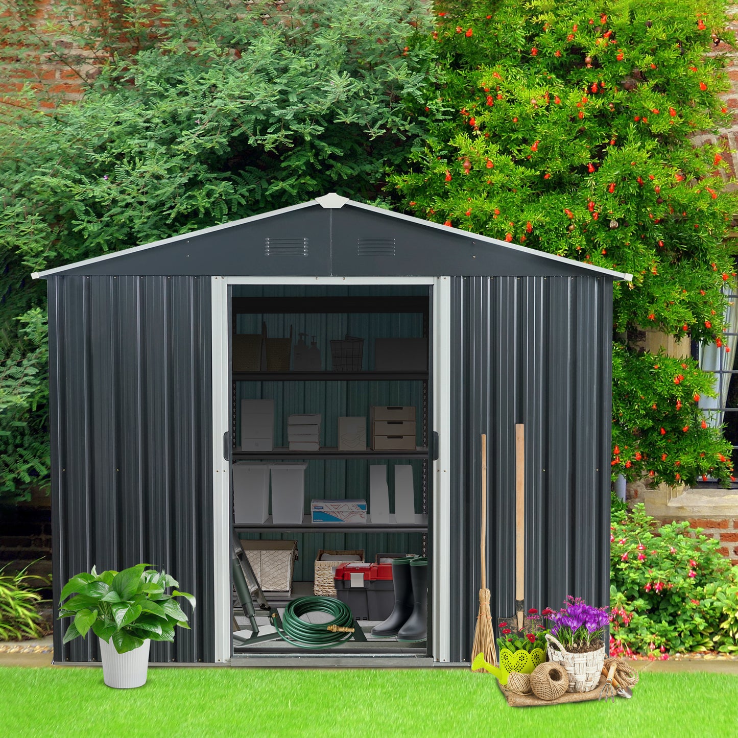 8 ft. x 10 ft. Outdoor Metal Storage Shed Garden Tool Room with Floor Base and Sliding Doors, Black (70 sq. ft. )