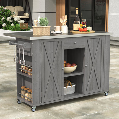 Fir Wood Outdoor Kitchen Island with Stainless Steel Top – Storage, Towel & Spice Racks, Bottle Opener, Grey