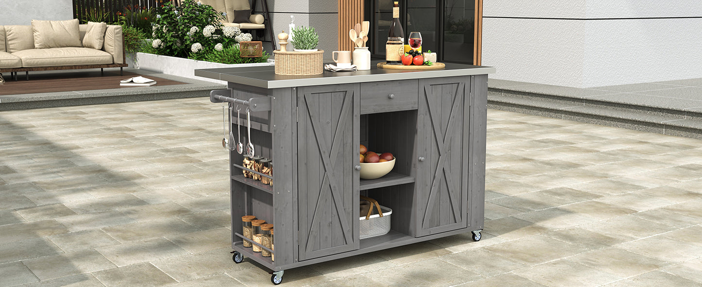 Fir Wood Outdoor Kitchen Island with Stainless Steel Top – Storage, Towel & Spice Racks, Bottle Opener, Grey