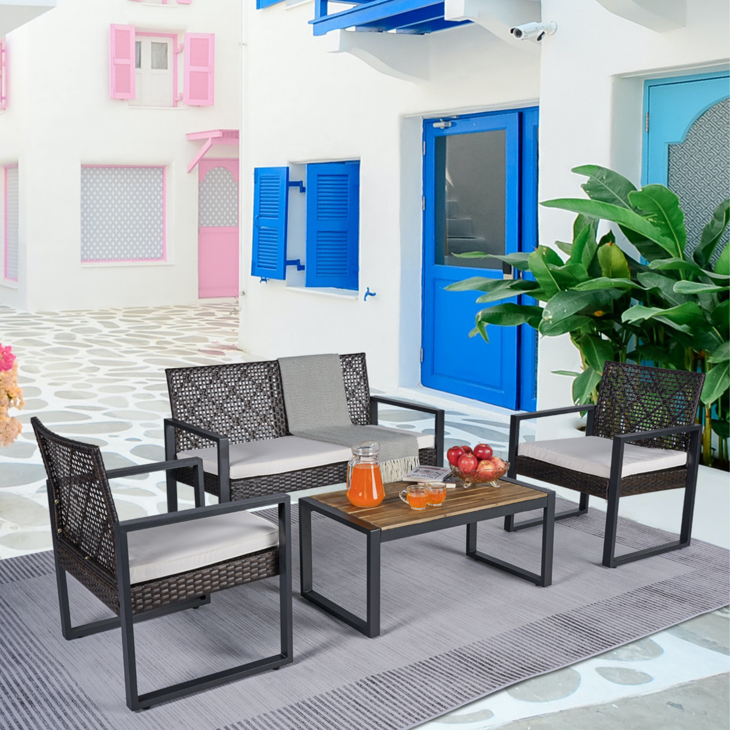 4-Piece Patio Furniture Set – Acacia Wood Table Top with Brown & Beige Cushions, Outdoor Balcony/Garden/Backyard