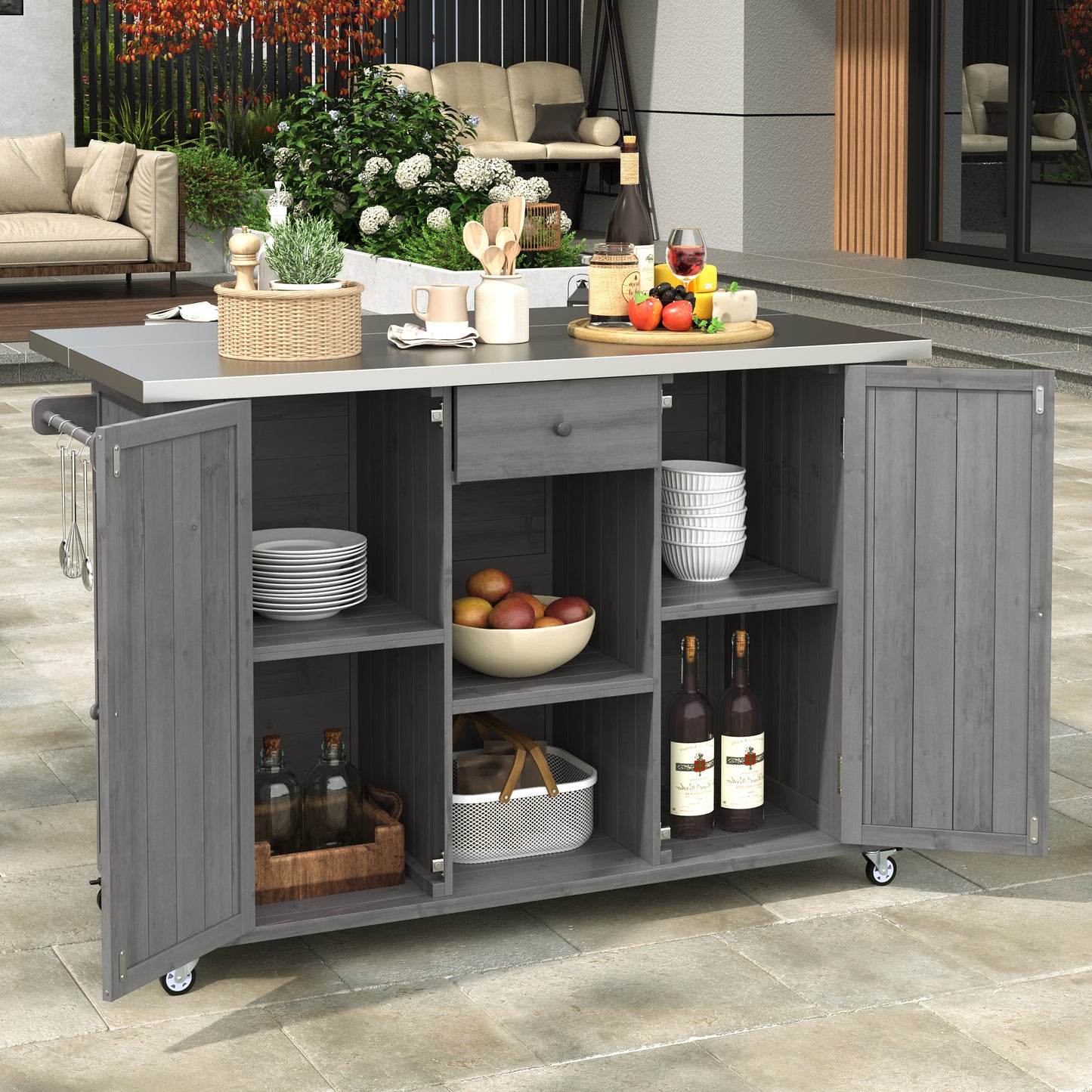 Fir Wood Outdoor Kitchen Island with Stainless Steel Top – Storage, Towel & Spice Racks, Bottle Opener, Grey