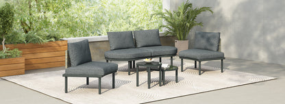 6-Piece Half-Moon Outdoor Sectional Sofa Set – PE Wicker Rattan, 2 Coffee Tables, Tempered Glass, 4 Cushions & Pillows, Garden/Poolside/Backyard, Gray