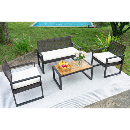 4-Piece Patio Furniture Set – Acacia Wood Table Top with Brown & Beige Cushions, Outdoor Balcony/Garden/Backyard