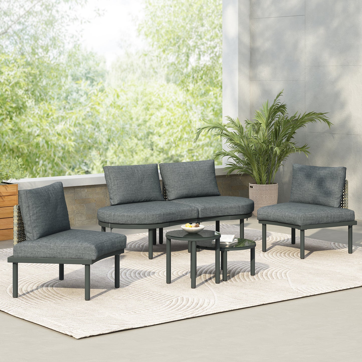6-Piece Half-Moon Outdoor Sectional Sofa Set – PE Wicker Rattan, 2 Coffee Tables, Tempered Glass, 4 Cushions & Pillows, Garden/Poolside/Backyard, Gray