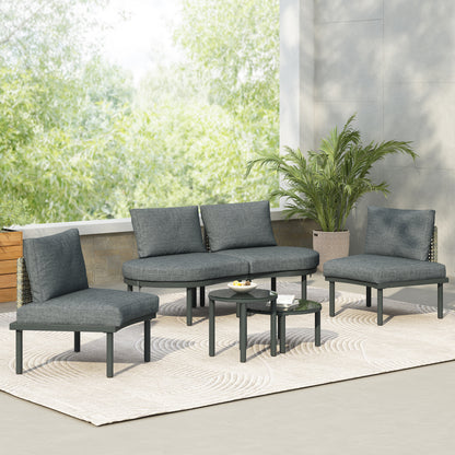 6-Piece Half-Moon Outdoor Sectional Sofa Set – PE Wicker Rattan, 2 Coffee Tables, Tempered Glass, 4 Cushions & Pillows, Garden/Poolside/Backyard, Gray