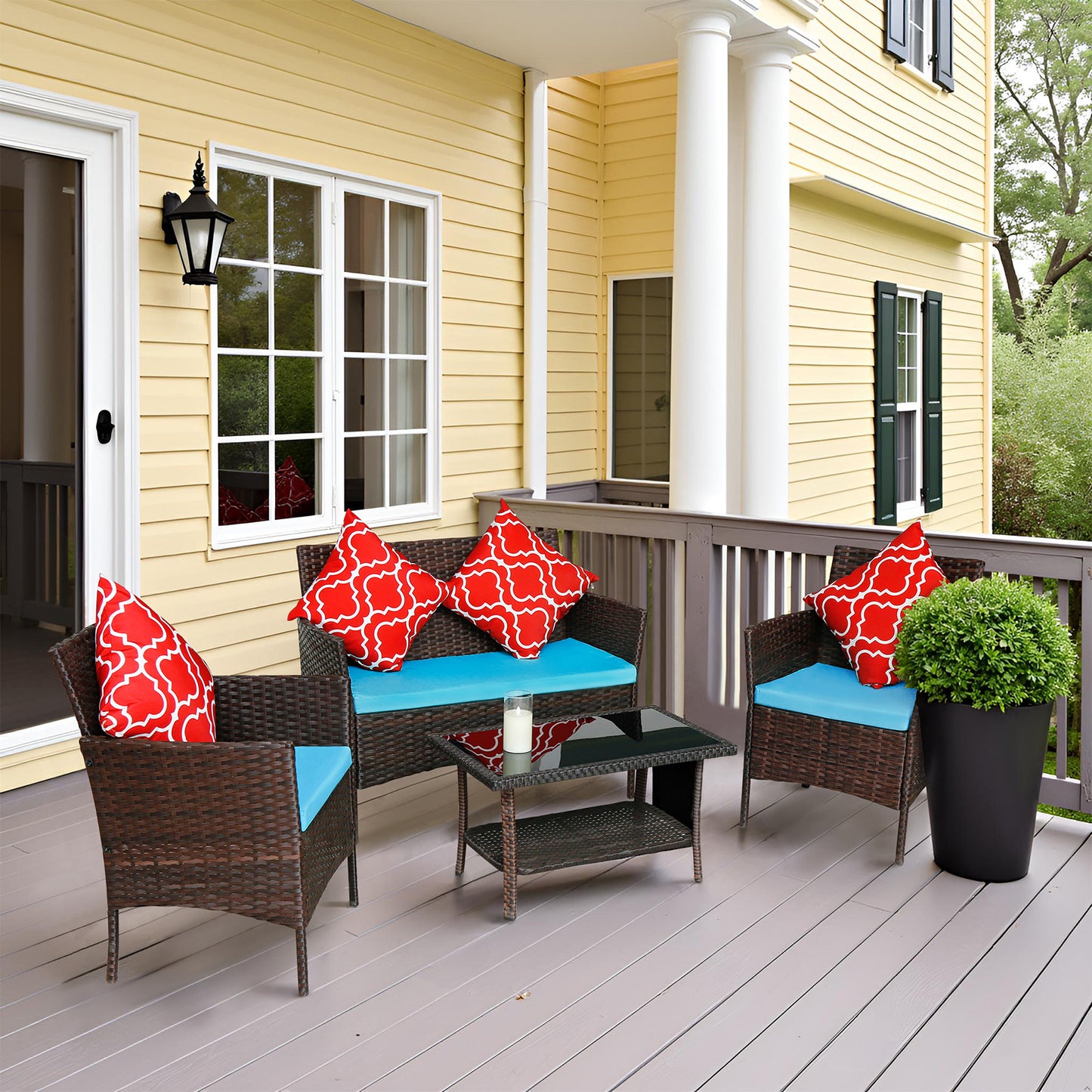 4-Piece PE Rattan Outdoor Sofa Set with Coffee Table – Sapphire Blue Cushions, Patio/Backyard Furniture HY4-001