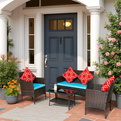 4-Piece PE Rattan Outdoor Sofa Set with Coffee Table – Sapphire Blue Cushions, Patio/Backyard Furniture HY4-001