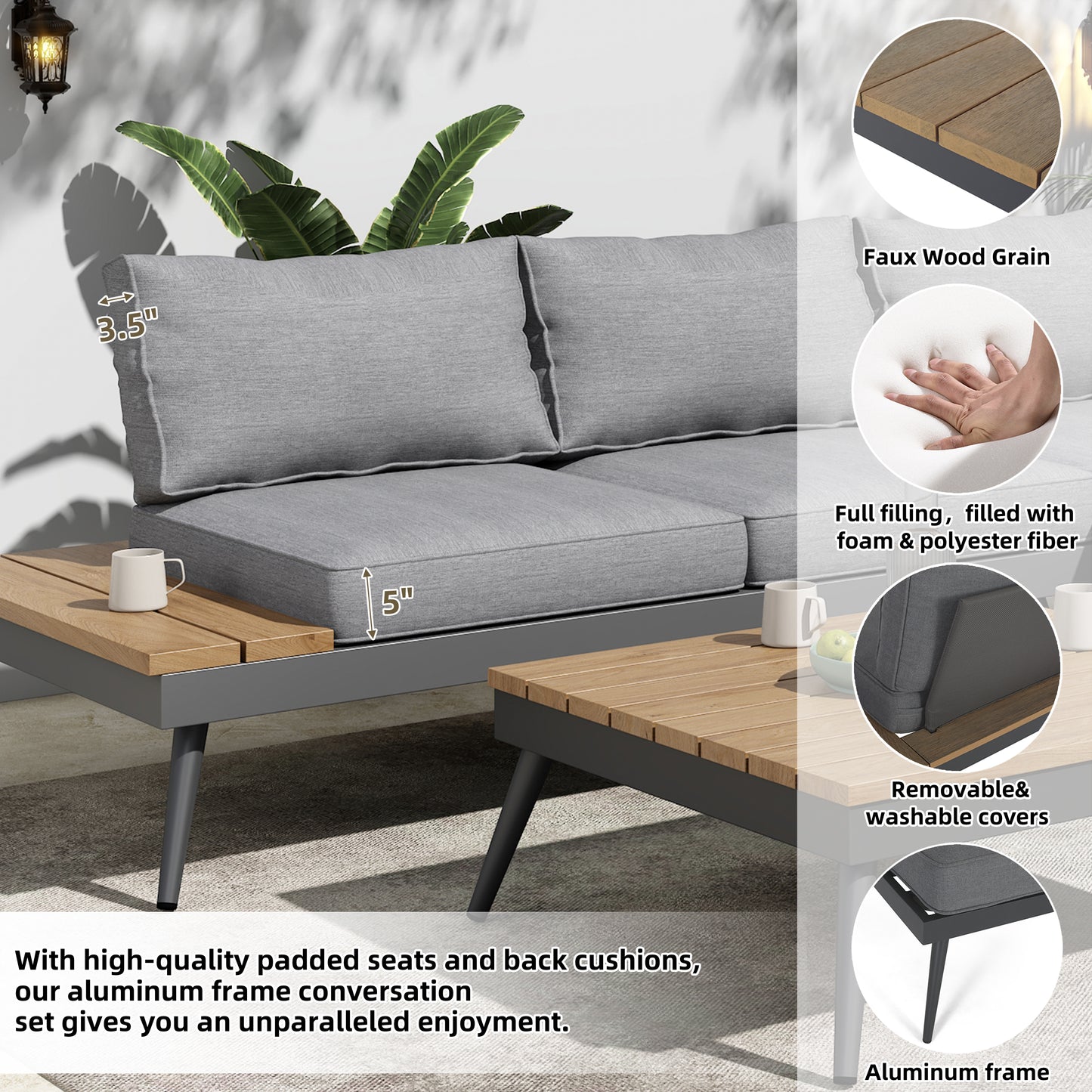 4-Piece V-Shaped Aluminum Patio Sofa Set – Outdoor Garden/Poolside Lounge Furniture