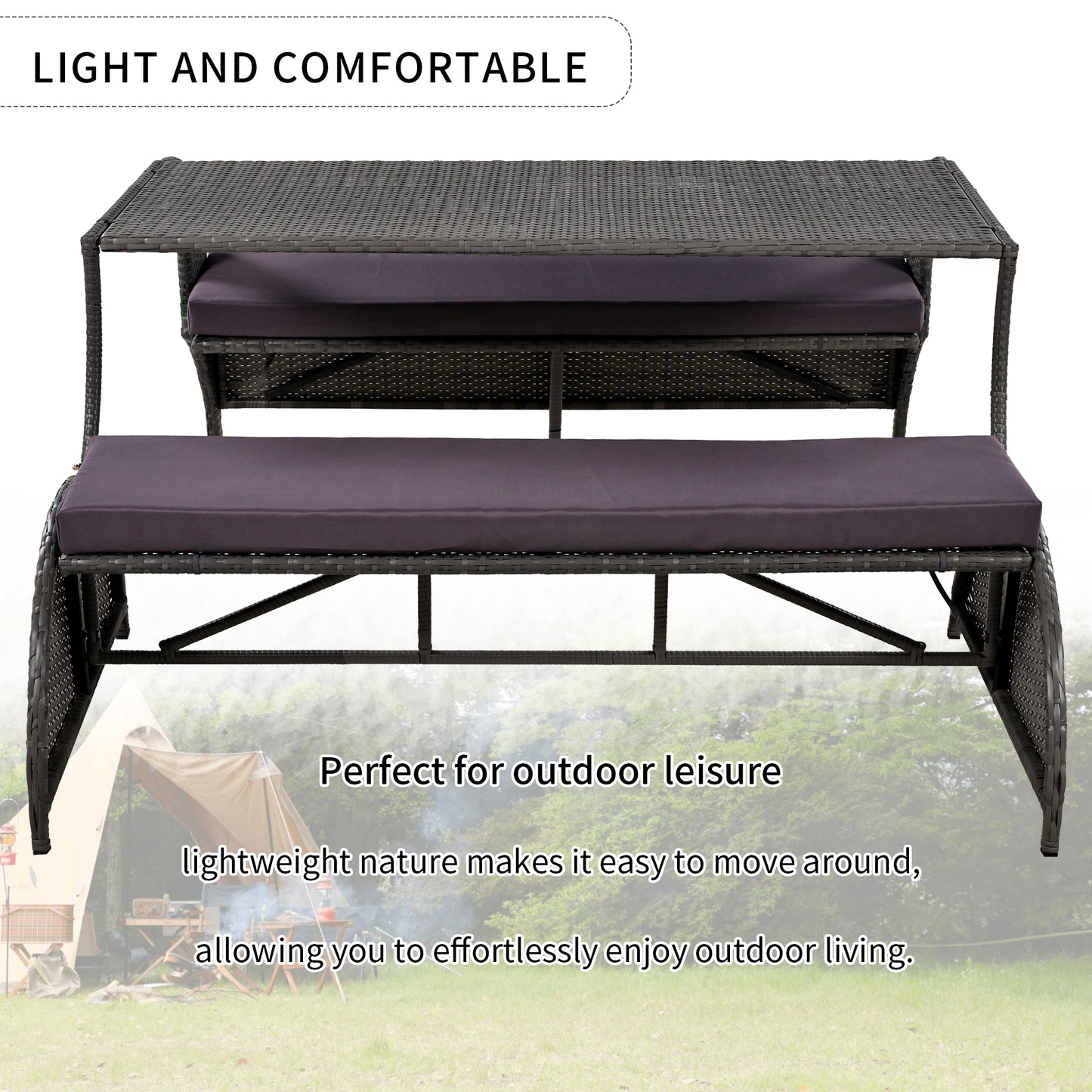 2-in-1 Convertible Outdoor Picnic Bench Table – 57.1" Loveseat to 4 Seats & 1 Table, Portable Patio/Lawn/Backyard Furniture