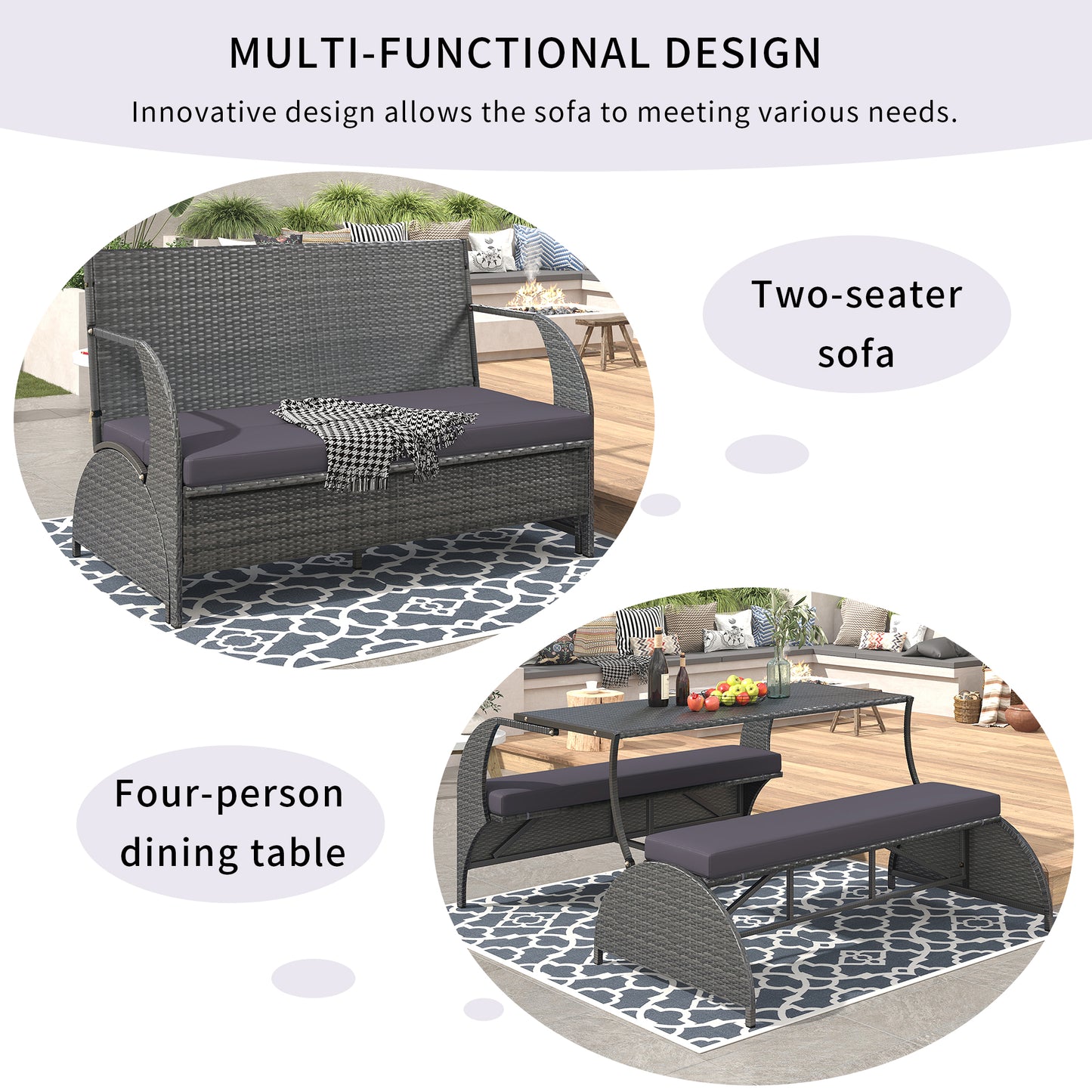 2-in-1 Convertible Outdoor Picnic Bench Table – 57.1" Loveseat to 4 Seats & 1 Table, Portable Patio/Lawn/Backyard Furniture