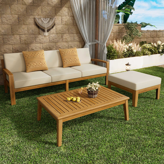 L-Shaped 3-Piece Acacia Wood Sectional Patio Sofa Set – Outdoor Garden/Backyard Furniture