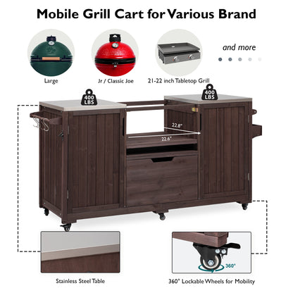 66.5" Outdoor Kitchen Island for Big Green Egg & Kamado Joe Grills – Solid Wood Cart with Stainless Steel Top, Drawer, and Tabletop Storage, Dark Brown