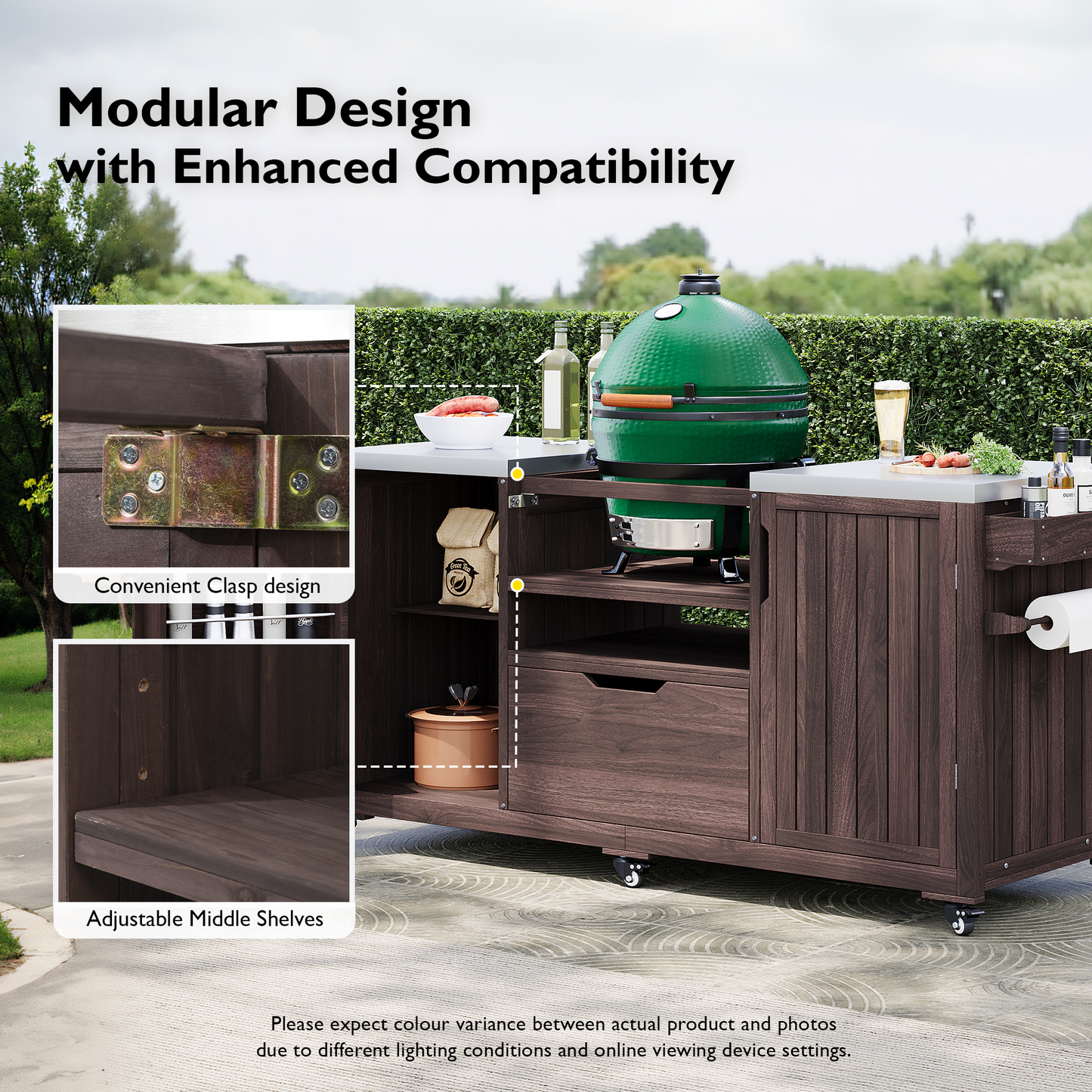 66.5" Outdoor Kitchen Island for Big Green Egg & Kamado Joe Grills – Solid Wood Cart with Stainless Steel Top, Drawer, and Tabletop Storage, Dark Brown