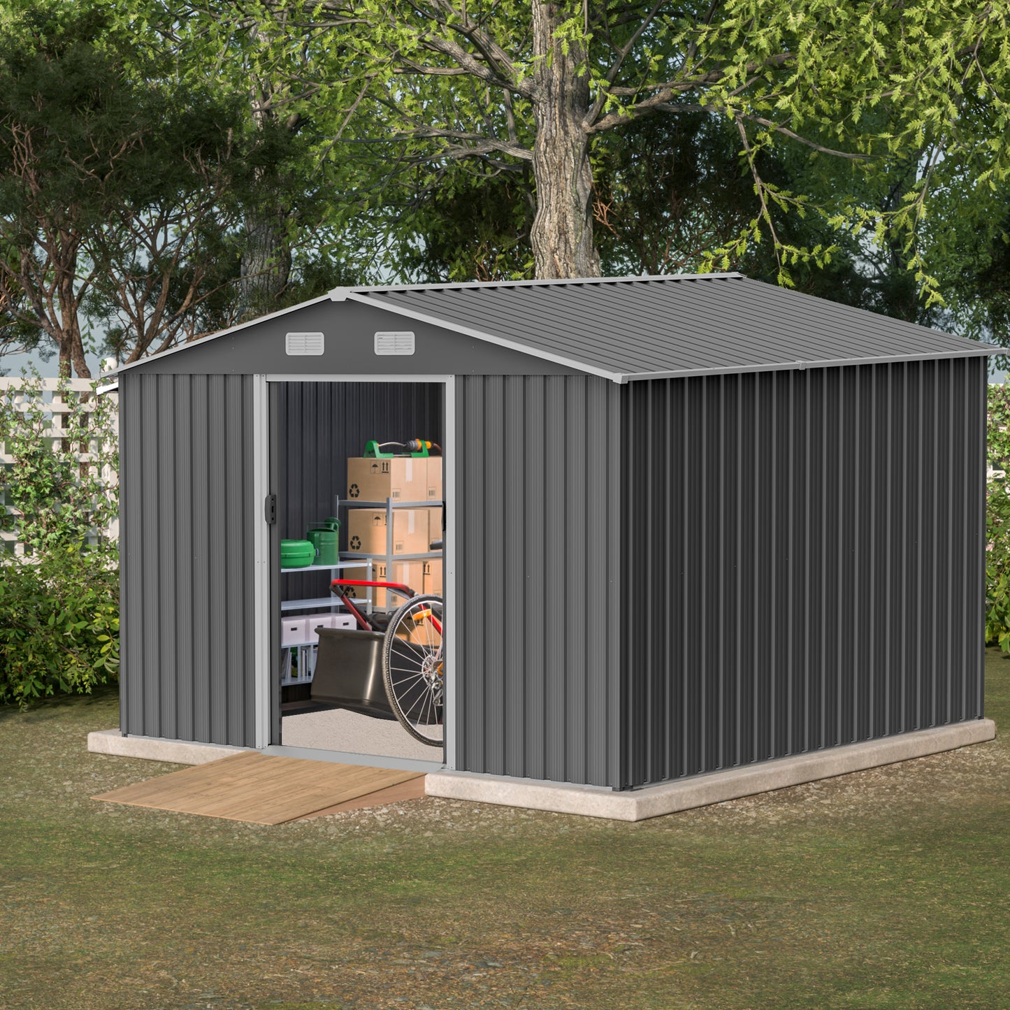 10 ft. W x 8 ft. D Outdoor Metal Storage Shed with Foundation and Lockable Doors for Patio, Backyard, Gray (73.8 sq.ft.)