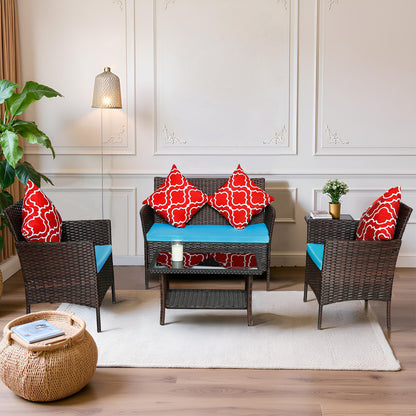 4-Piece PE Rattan Outdoor Sofa Set with Coffee Table – Sapphire Blue Cushions, Patio/Backyard Furniture HY4-001