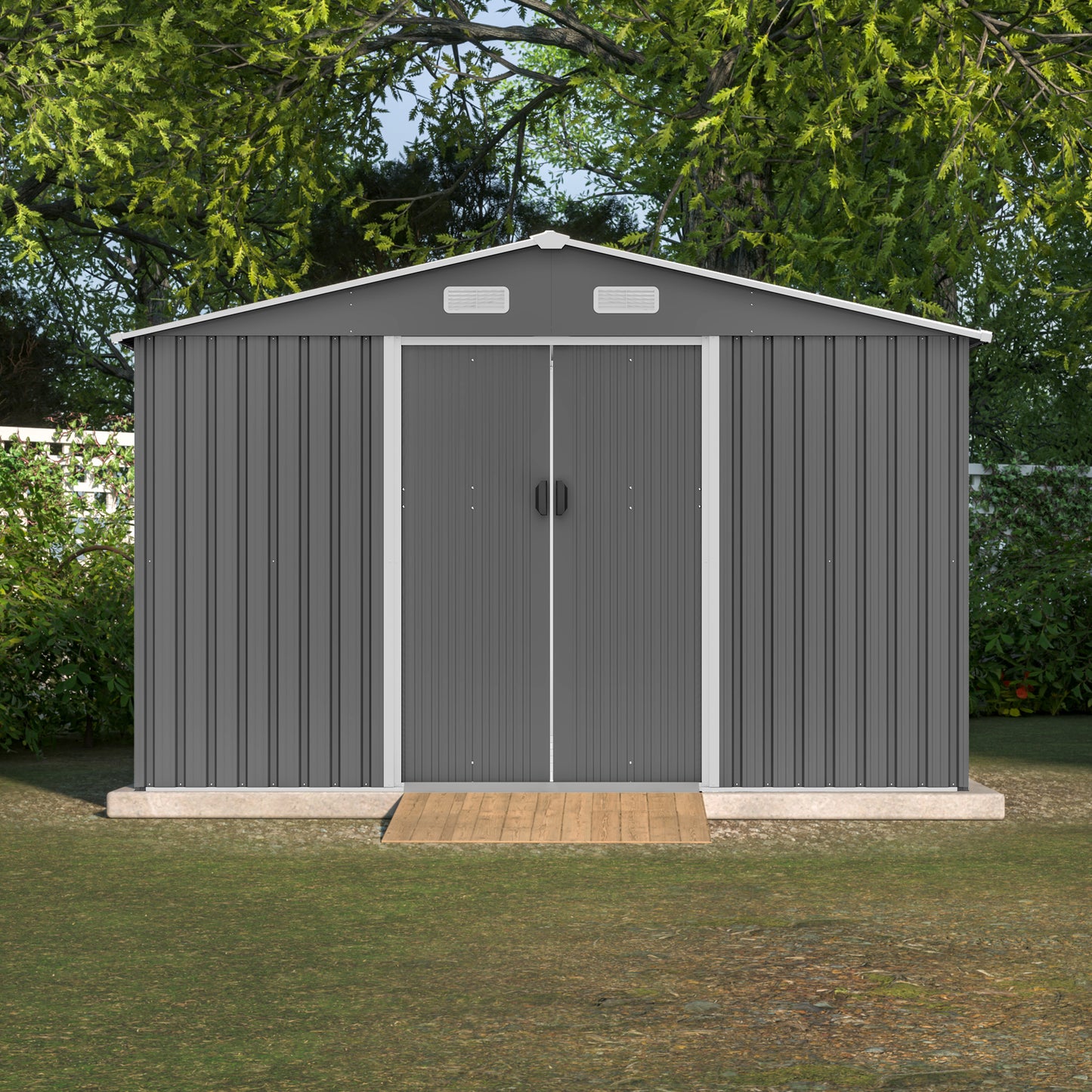 10 ft. W x 8 ft. D Outdoor Metal Storage Shed with Foundation and Lockable Doors for Patio, Backyard, Gray (73.8 sq.ft.)