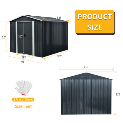 8 ft. x 10 ft. Outdoor Metal Storage Shed Garden Tool Room with Floor Base and Sliding Doors, Black (70 sq. ft. )