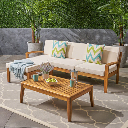 L-Shaped 3-Piece Acacia Wood Sectional Patio Sofa Set – Outdoor Garden/Backyard Furniture