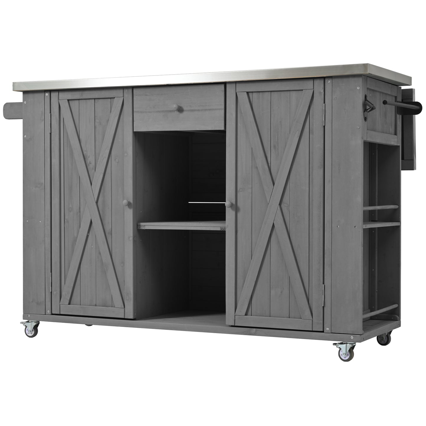 Fir Wood Outdoor Kitchen Island with Stainless Steel Top – Storage, Towel & Spice Racks, Bottle Opener, Grey