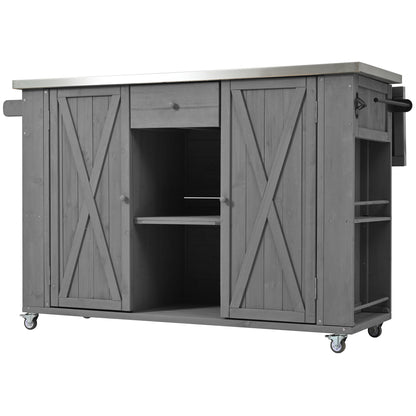 Fir Wood Outdoor Kitchen Island with Stainless Steel Top – Storage, Towel & Spice Racks, Bottle Opener, Grey