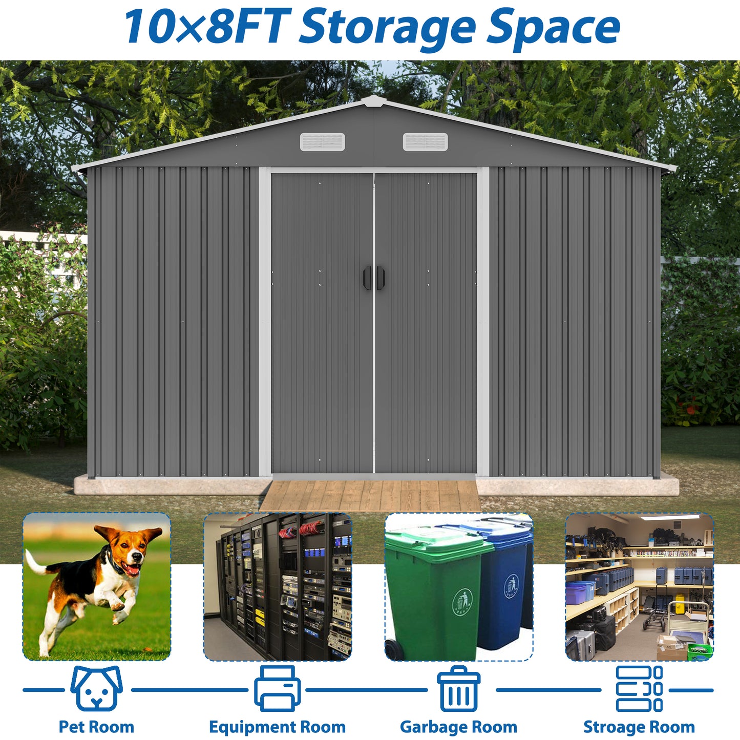 10 ft. W x 8 ft. D Outdoor Metal Storage Shed with Foundation and Lockable Doors for Patio, Backyard, Gray (73.8 sq.ft.)