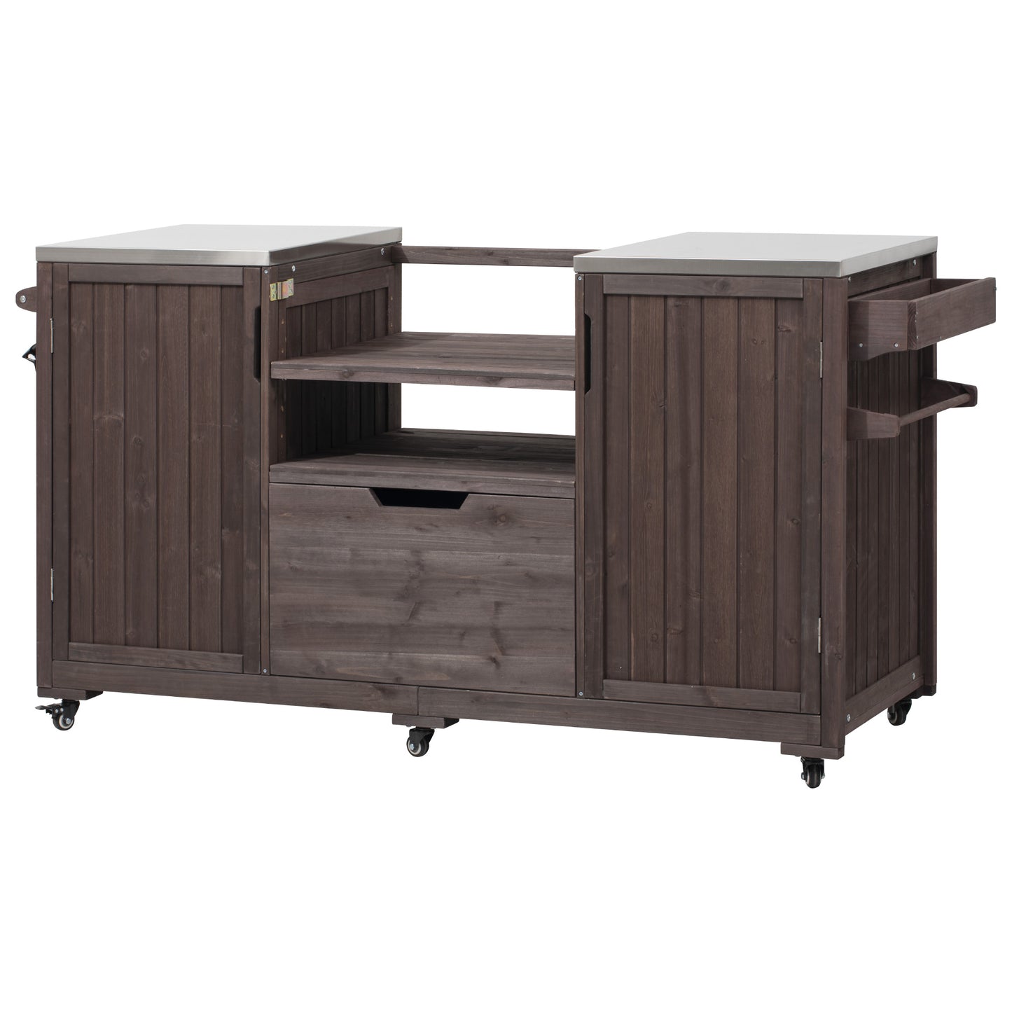 66.5" Outdoor Kitchen Island for Big Green Egg & Kamado Joe Grills – Solid Wood Cart with Stainless Steel Top, Drawer, and Tabletop Storage, Dark Brown