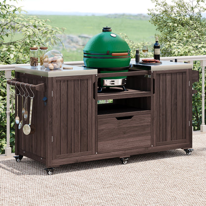66.5" Outdoor Kitchen Island for Big Green Egg & Kamado Joe Grills – Solid Wood Cart with Stainless Steel Top, Drawer, and Tabletop Storage, Dark Brown